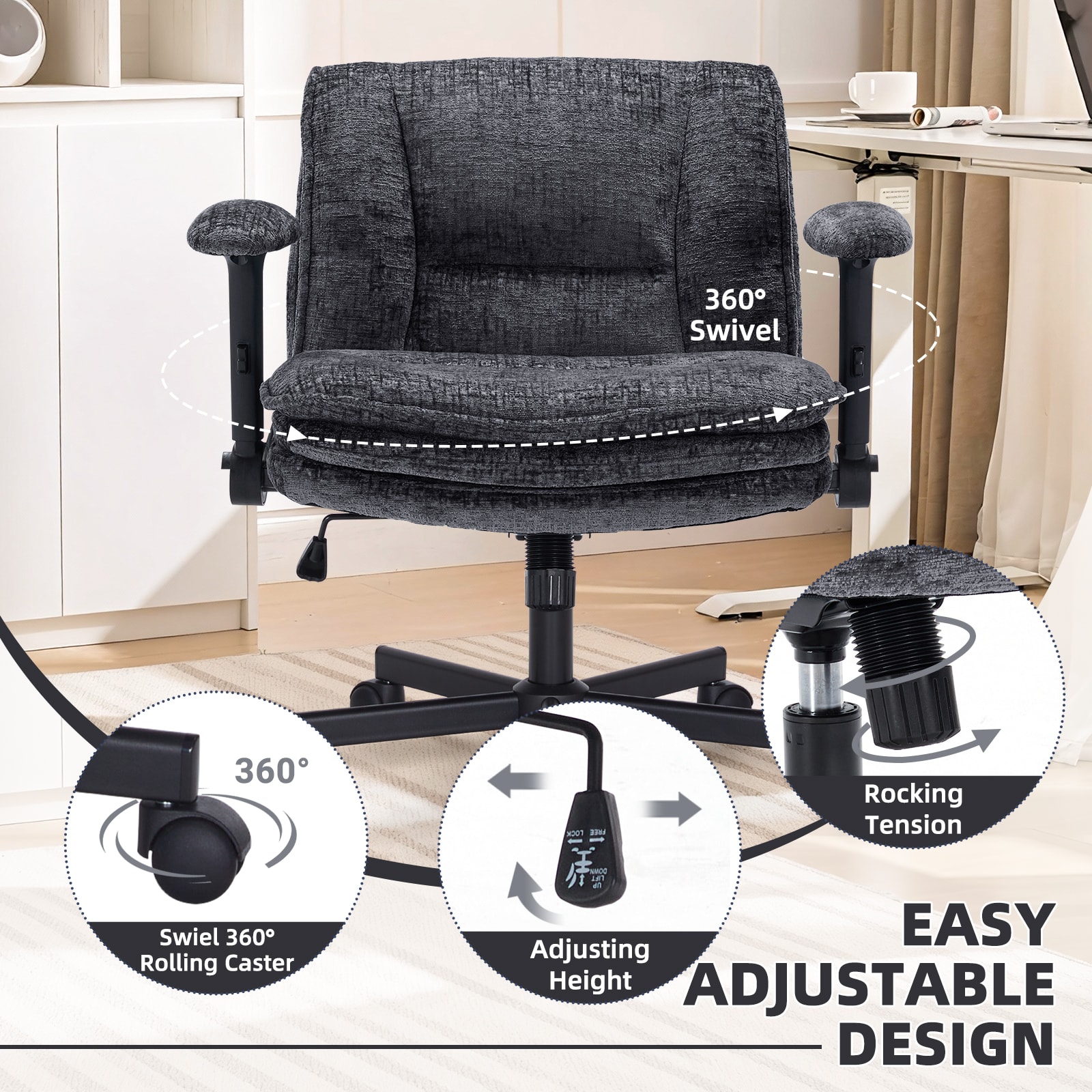 Criss Cross Chair With Wheels And Flip Arms, Upholstered Cross Legged Office Chair With 3 Layer Cushions&Dynamic Airbag Lumbar Support, Wide Seat Comfy Desk Chair For Home Office, Living Room, Black_maomaolike.com
